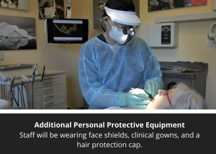 Dentist wearing protective gear treating a patient.