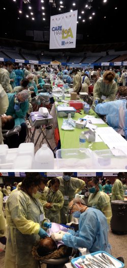 Dental clinic with many patients receiving care.